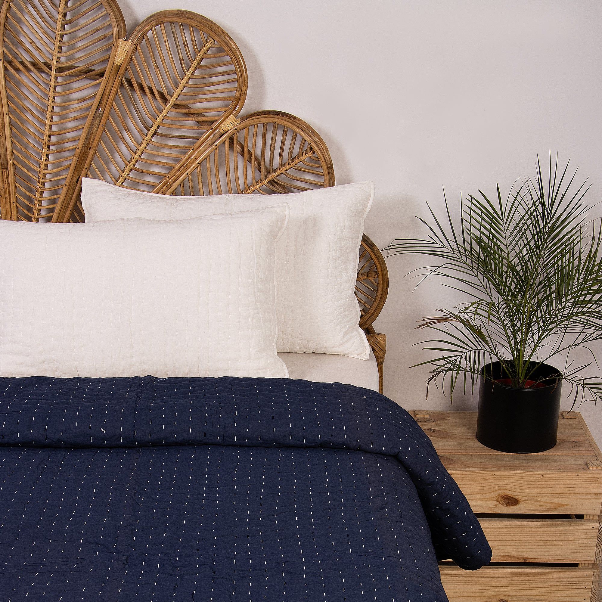 Solid Blue Cotton Kantha Blanket Quilt For Winter